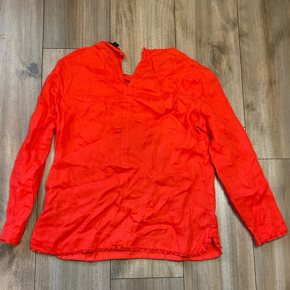 JCrew Red 100% linen | French knot style with fringes, pompons | Women’s tops| 2 - Picture 2 of 6